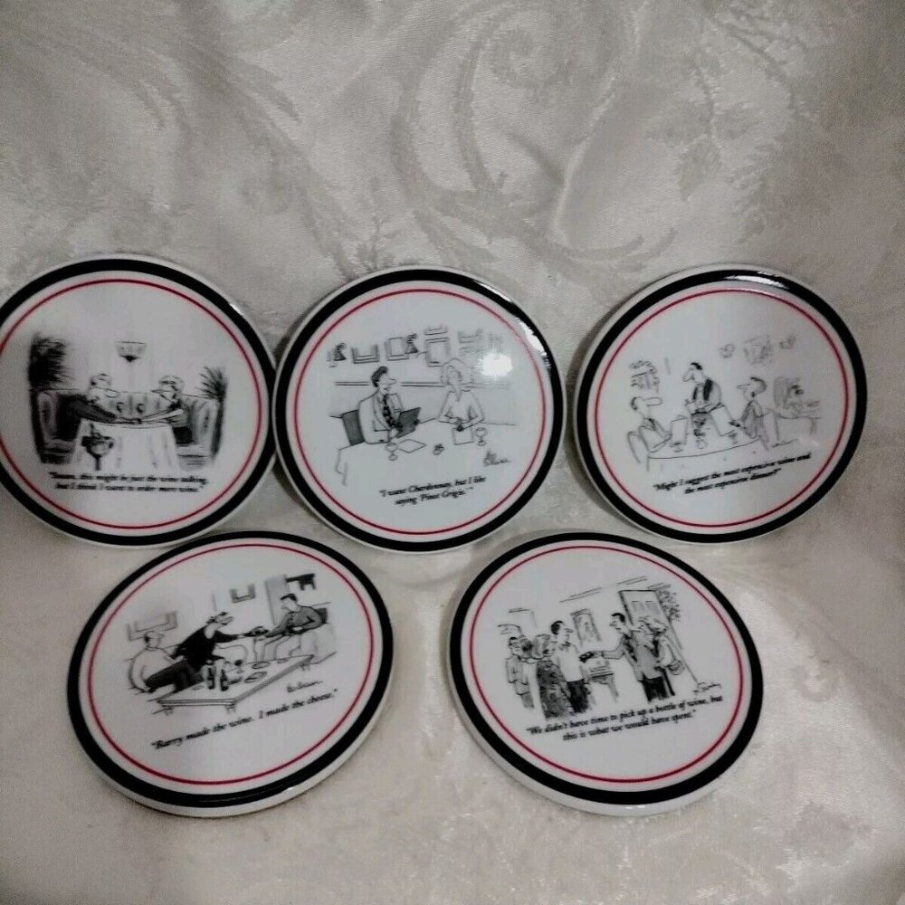 The New Yorker Porcelain Wine Themed Coasters Lot of 5 In Box Nos